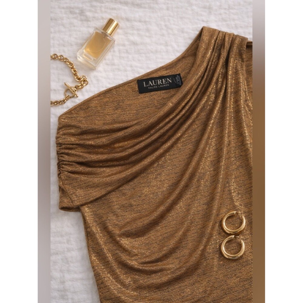 Lauren Ralph Lauren Metallic One Shoulder Gold Shimmer Draped Cocktail Blouse Lg - Picture 3 of 9